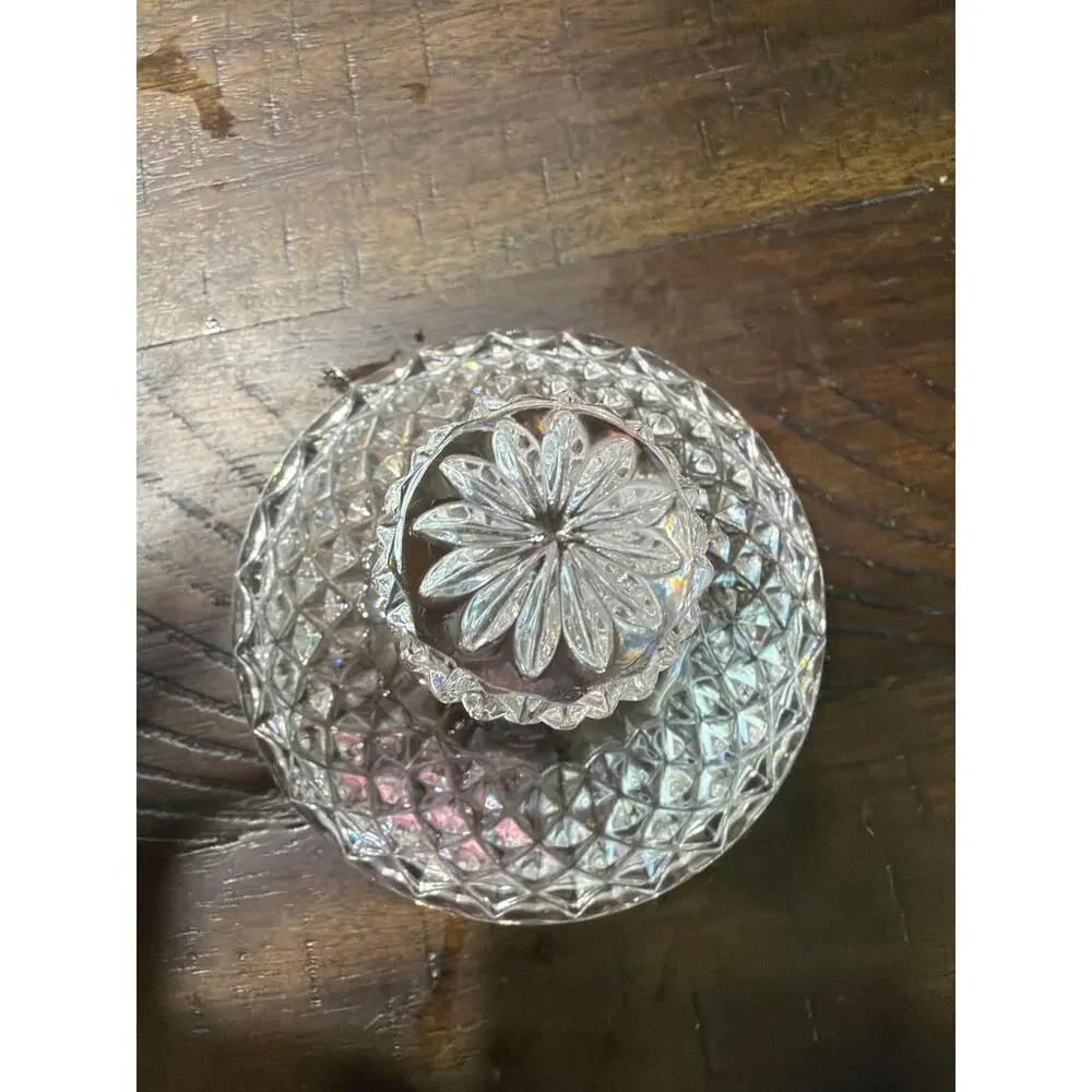 Vintage Clear Crystal Glass Large Covered Jar Diamond Point Lid Ball Finial